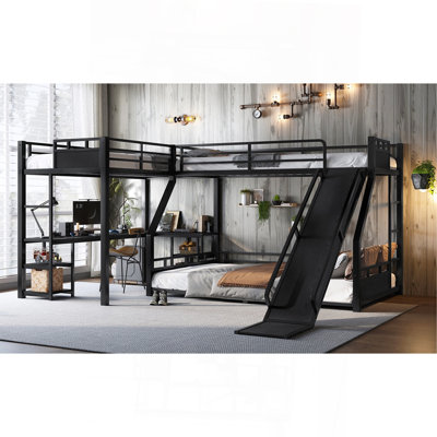 L-Shaped Metal Bunk Bed (Top Bed:Twin XL, Bottom Bed: Queen) With Twin XL Loft Bed, Desk, And Storage Shelves Metal Triple Bunk Bed With Slide, Space-Saving And Quiet Design, Black