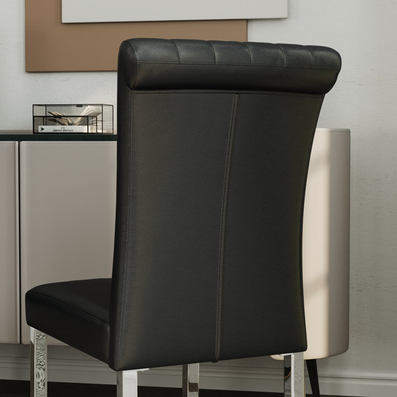 Chaises de salle à manger de luxe en cuir avec dossier roulé et pieds polis, Noir, Argent argent