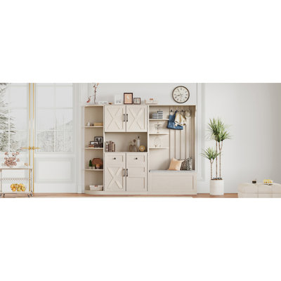Armoire de couloir gauche / droite beige, rangement et suspension, 5 armoires, 8 tablettes, 4 crochets, design sécuritaire, beige multifonctionnel facile à assembler, pour le salon, le couloir de la cuisine, beaucoup de rangement, design