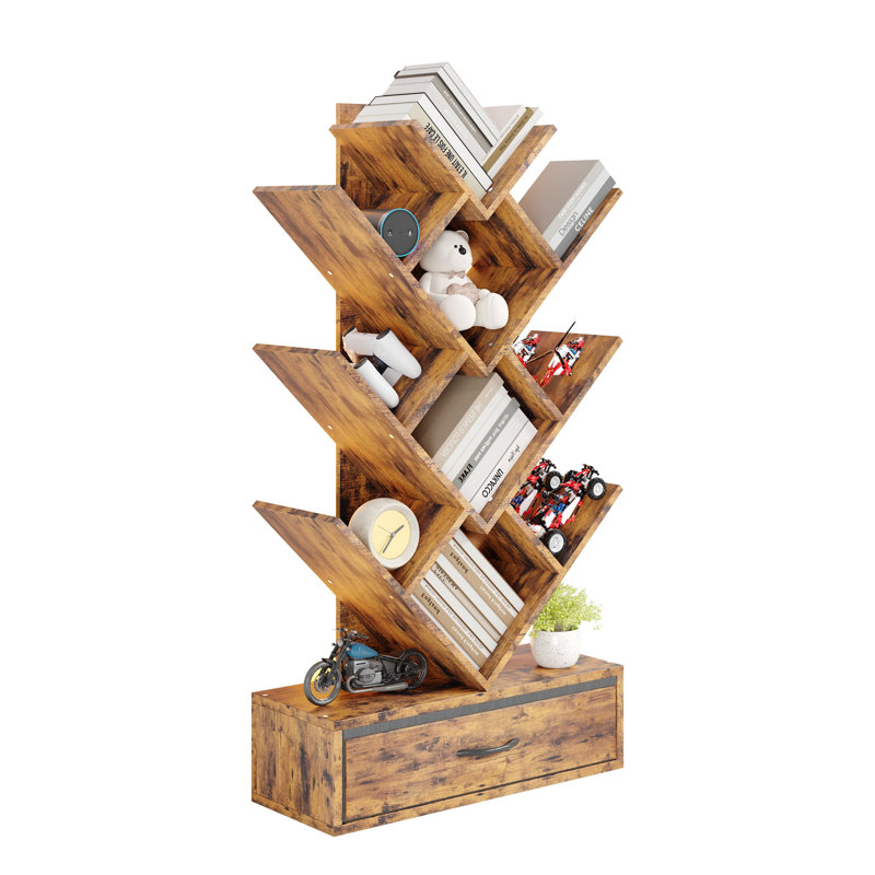 Bibliothèque moderne à 7 niveaux avec lumières DEL et tiroir en tissu - Bibliothèque de rangement verticale pour le bureau, le salon, la chambre à coucher - Conception étroite pour les petits espaces