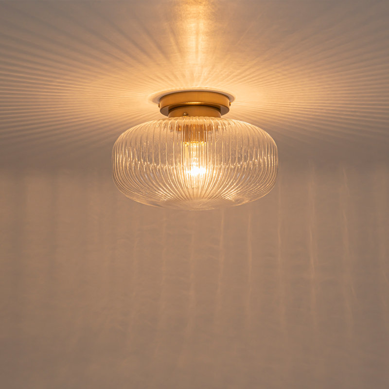 1-Light Transitional Ribbed Glass Flush Mount Ceiling Light with Gold Finish