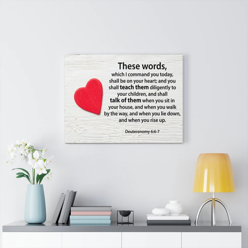 Ces mots Deutéronome 6: 6 - Toile tendue, art textuel, H 18 po x l 24 po x P 1,25 po