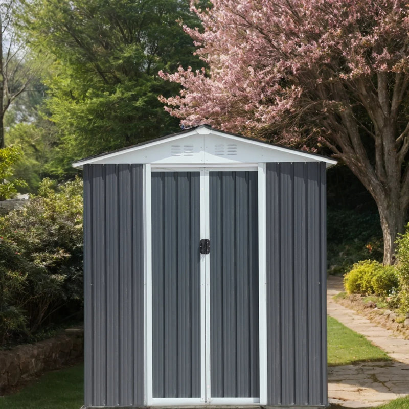 Remise de rangement extérieure pour toit Apex gris de 6 pi x 4 pi avec base en métal, Gris, H 72,2 po x l 74,5 po x P 45,3 po