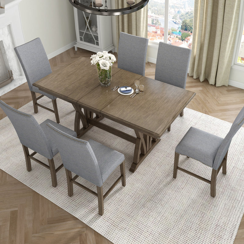 Mid-Century Solid Wood Extendable Dining Table Set with 6 Upholstered Chairs