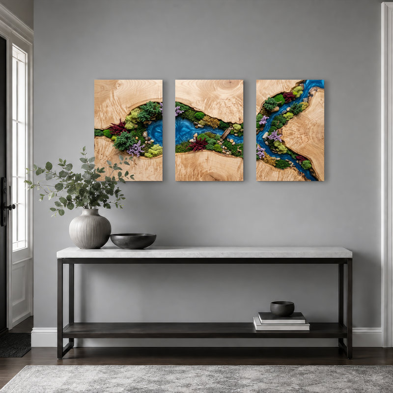 Ensemble de 3 tableaux en bois représentant des paysages, montés sur toile, pour la décoration du salon et de la chambre.