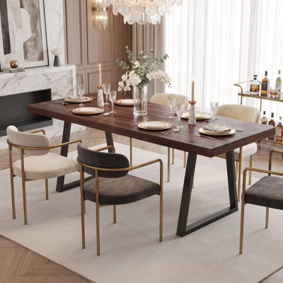 Industrial Dining Table with Solid Wood Top and Metal Legs, Rectangular Kitchen Table