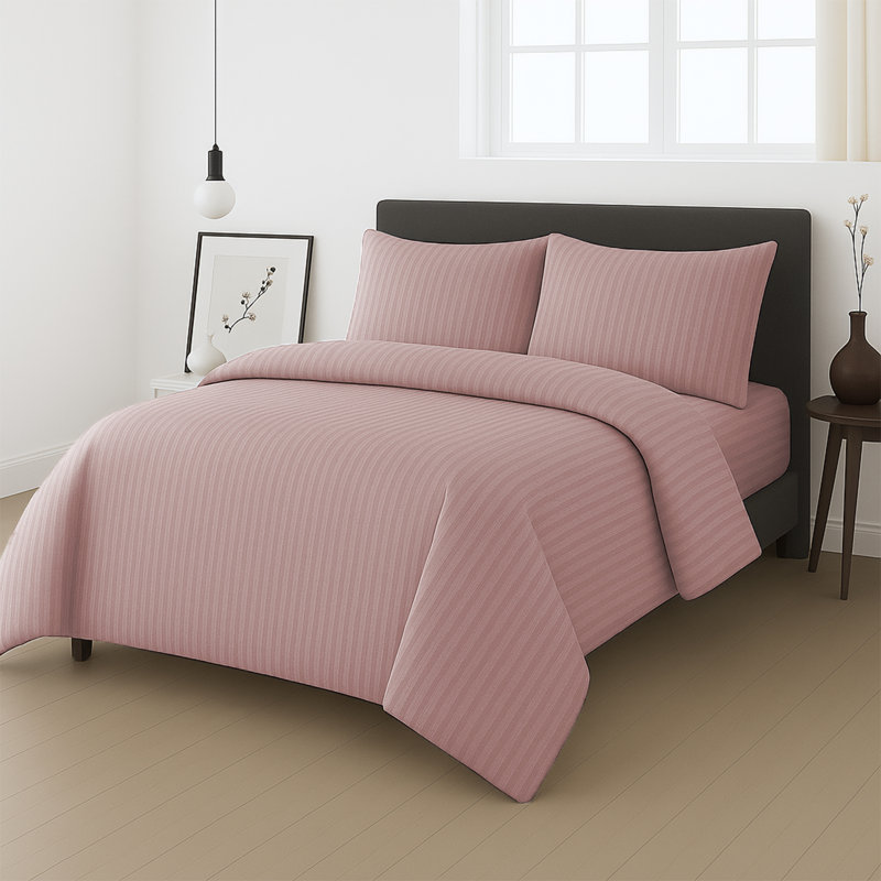Microfiber Stripe Duvet Complete Set With Striped Pillows & Fitted Sheet, Double Duvet +1 Fitted Sheet +2 Pillowcases, Peach
