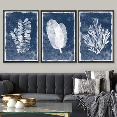Minimal Botanical "Blue Jungle Leaves, Nautical Ocean Coral Pictures Canvas Print 3 Pieces Wall Art