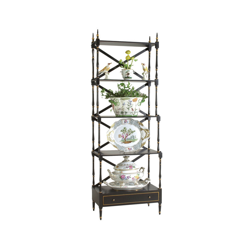 Black and Gold Poplar Wood Chinoiserie Bookcase with Glass Shelves