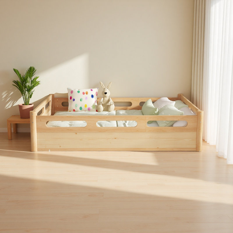 Lit plateforme au sol avec garde-corps pleine longueur, Naturel, Lit double