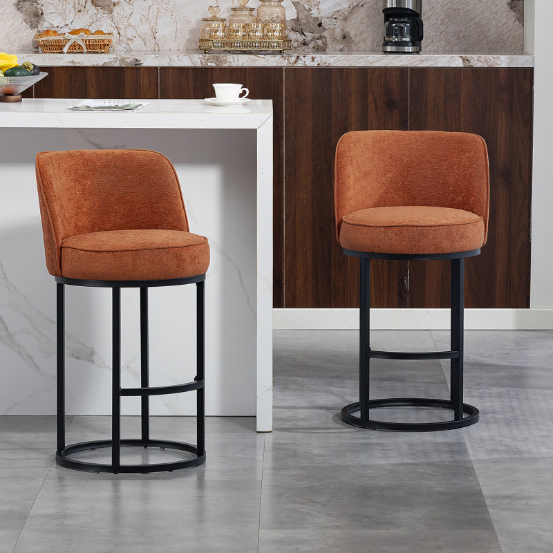 Ensemble de 2 tabourets de bar à hauteur de comptoir, conception de baril moderne avec dossier, tissu en lin revêtu pour îlot de cuisine
