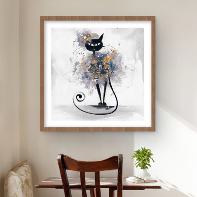 Caricature de chat noir - impression contemporaine bleue encadrée pour la décoration