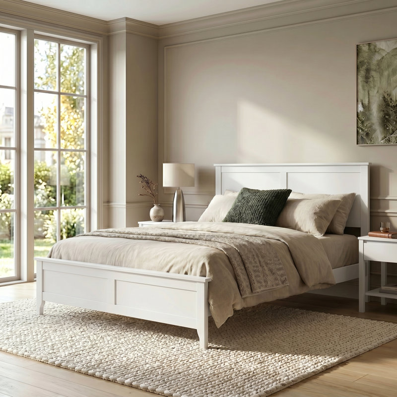 Lit plateforme double blanc avec structure en bois massif et lattes robustes, aucun sommier nécessaire, lit en bois moderne