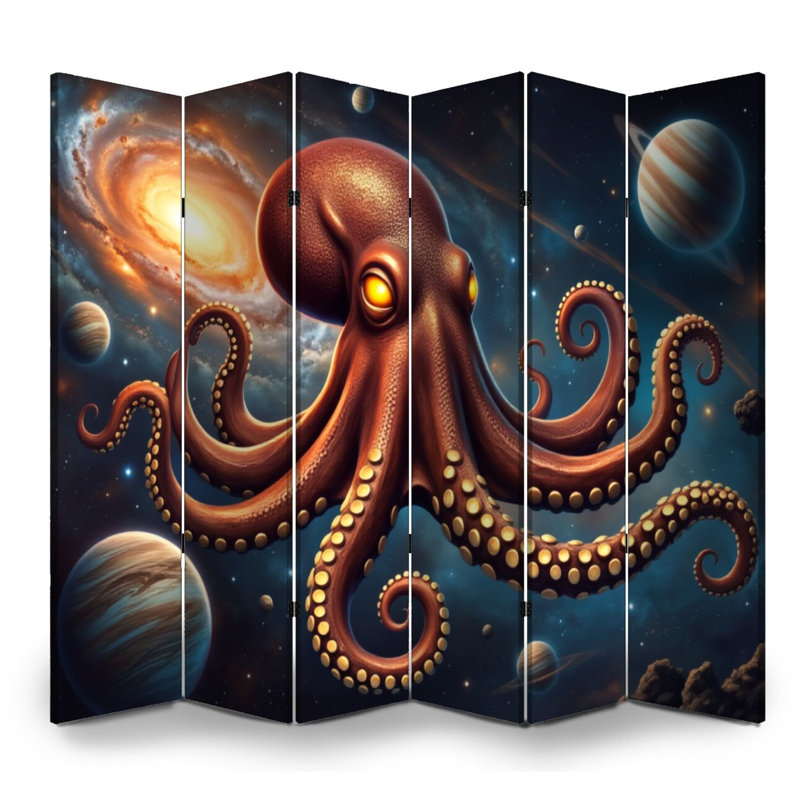 Cloison pliante 6 panneaux Royal Cosmic Octopus Glowing Eyes Outer Space Planets Galaxy Toile séparateur de pièce, Couleur 2