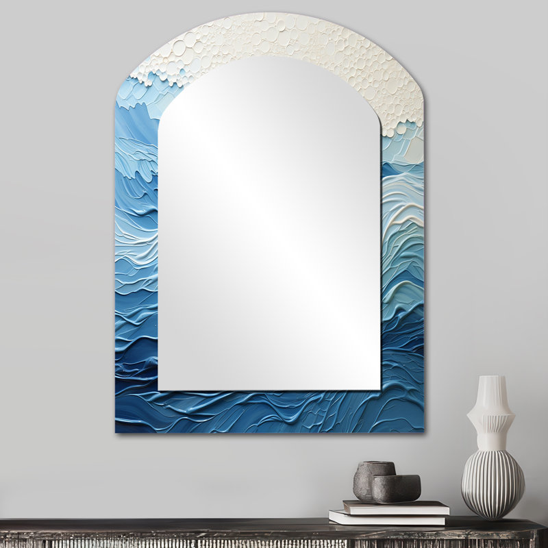 Blue and white modern waves of the Coast I - Coastal Asymmetrical Decorative Wall Mirror, Blue Arch Large Mirror, Printed Metal Art