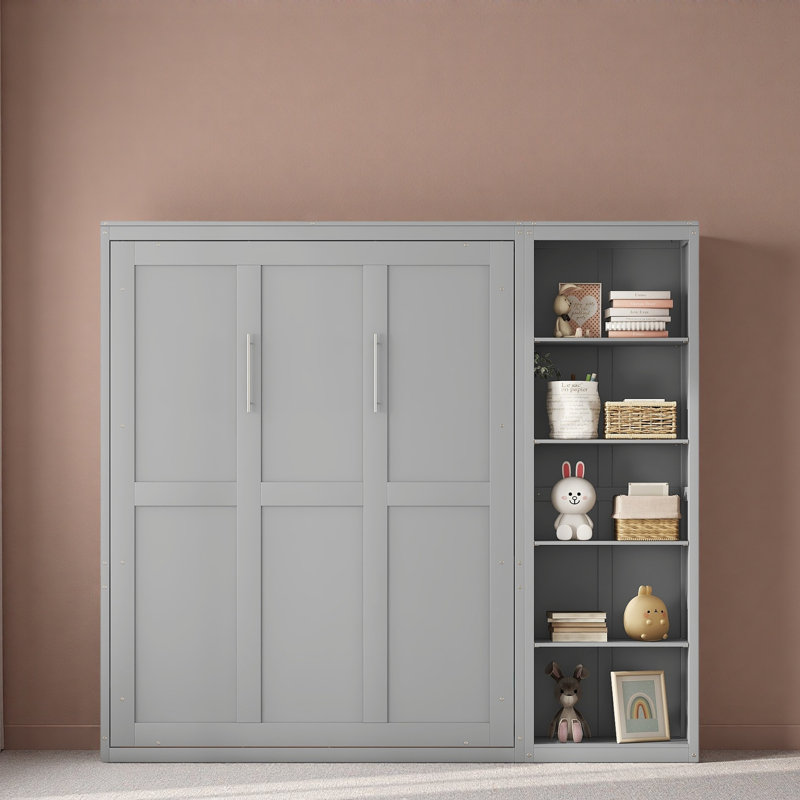Lit escamotable double pleine grandeur avec tablettes, Gris, Lit double