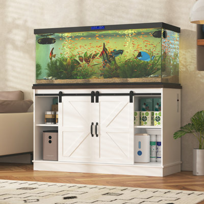 Rustic Farmhouse Aquarium Stand For 55–75 Gallon Fish & Reptile Tanks, Sliding Barn Door Storage With Built-In Power Outlet, Heavy Duty Stand For Turtle Tanks And Terrariums