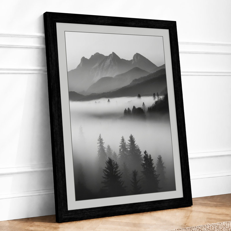 Mountains in Mist Scandinavian - Framed Print, A4 - 29.7 x 21.0 cm, Black