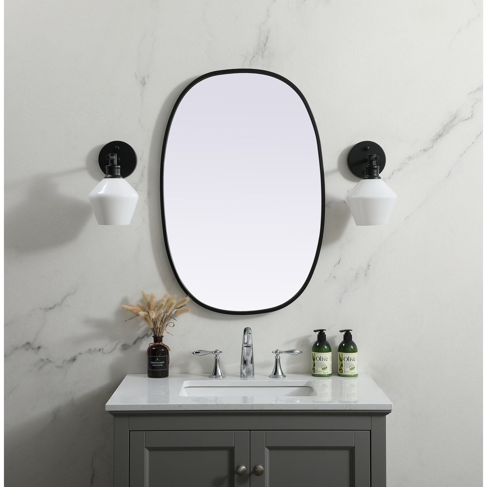 Sabine Metal Curved Oval Wall Mirror, 30" x 20", Black