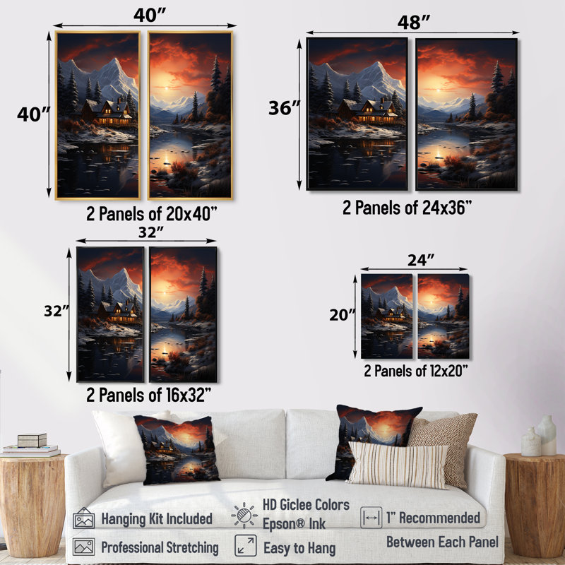 Winter Glow I - art mural traditionnel blanc 2 panneaux, Noir, noir, noir, noir, H 36 po x l 48 po
