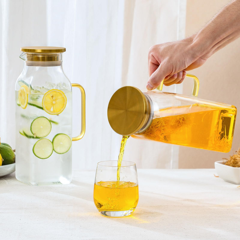 Paquet de 2 pichets carrés en verre de 2 litres / 68 oz avec couvercle et poignée pour réfrigérateur, carafe à thé glacé et carafe à café, carafe en eau borosilicatée résistante à la chaleur pour boissons chaudes / froides et lait