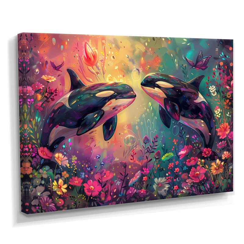 Black Orca Swimming Paradise Dream II - Whale Animal Wall Decor, Wrapped Canvas, 12'' H x 20'' W