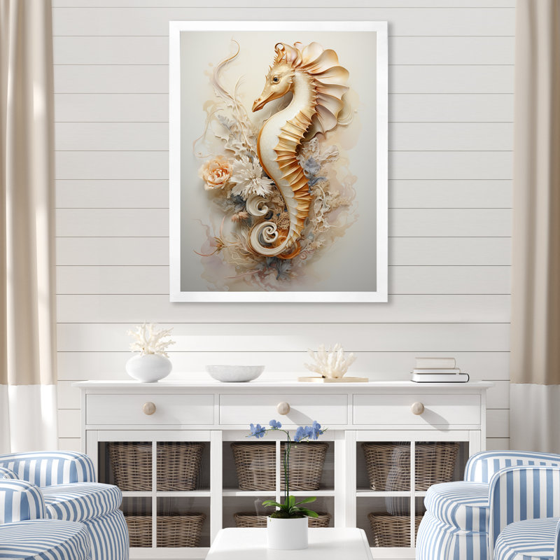 Hippocampe magique beige sur toile, Cadre simple blanc, H 20 po x l 12 po x P 1 po