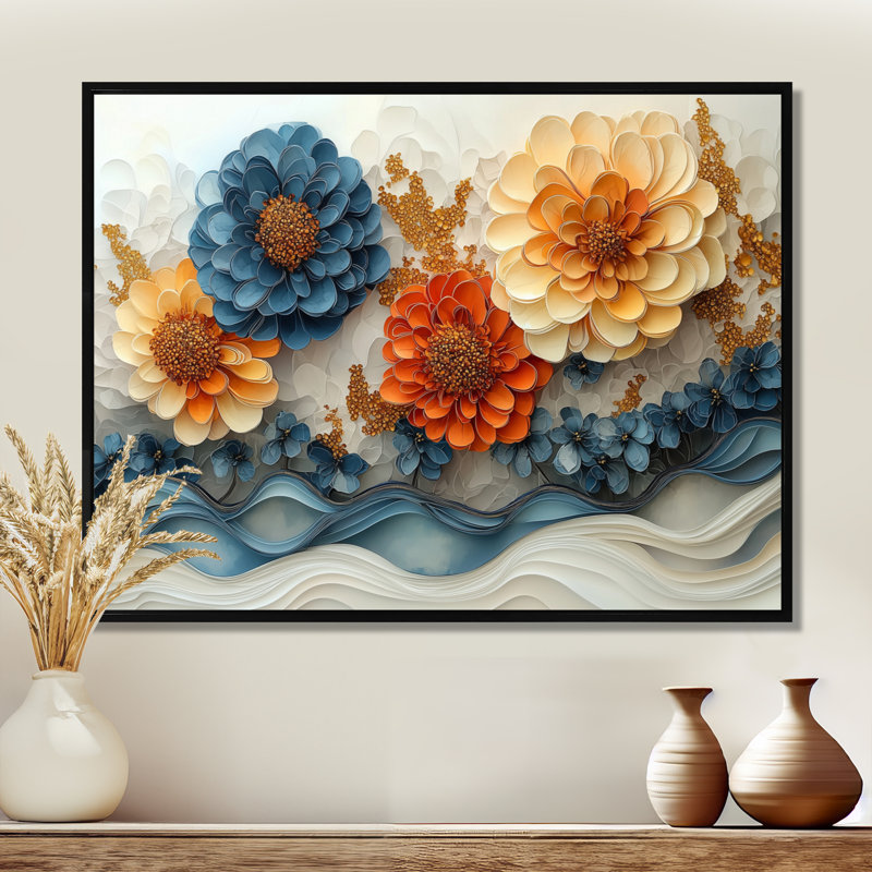 «Jaciana Dreamscape Dancing parmi les Zinnias II», art mural Zinnias, H 30 po x l 40 po, Noir, Impression encadrée flottante
