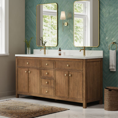 Meuble-lavabo double 72 po Rian en noyer grillé, comptoir en quartz Giotto, lavabos carrés encastrés (1 trou), garniture bronze satiné
