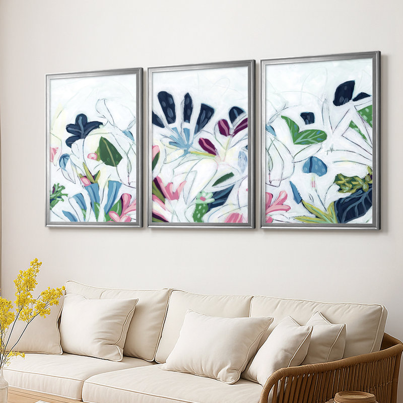 Tropical Trace III - Toile tendue avec châssis sur mesure - 3 pièces, Argent argent, H 21 po x l 30 po