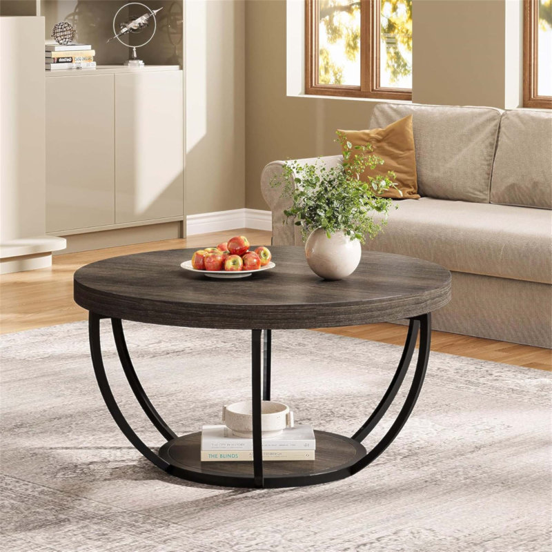 Table basse ronde en bois gris à 2 niveaux avec rangement, élément de décoration moderne et durable pour le salon