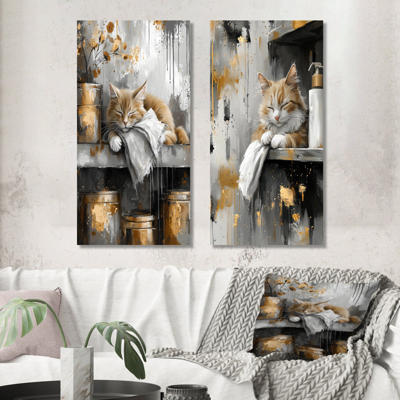Light Grey Colour Feline Laundry Day I - Cat Wall Art 2 Pieces Set, Wrapped Canvas, 28" H x 24" W