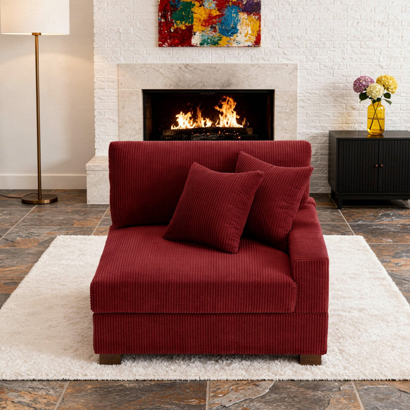 Milbrey Upholstered Red Corduroy Armchair with Pillow Back and Solid Wood Legs, Red, Corduroy