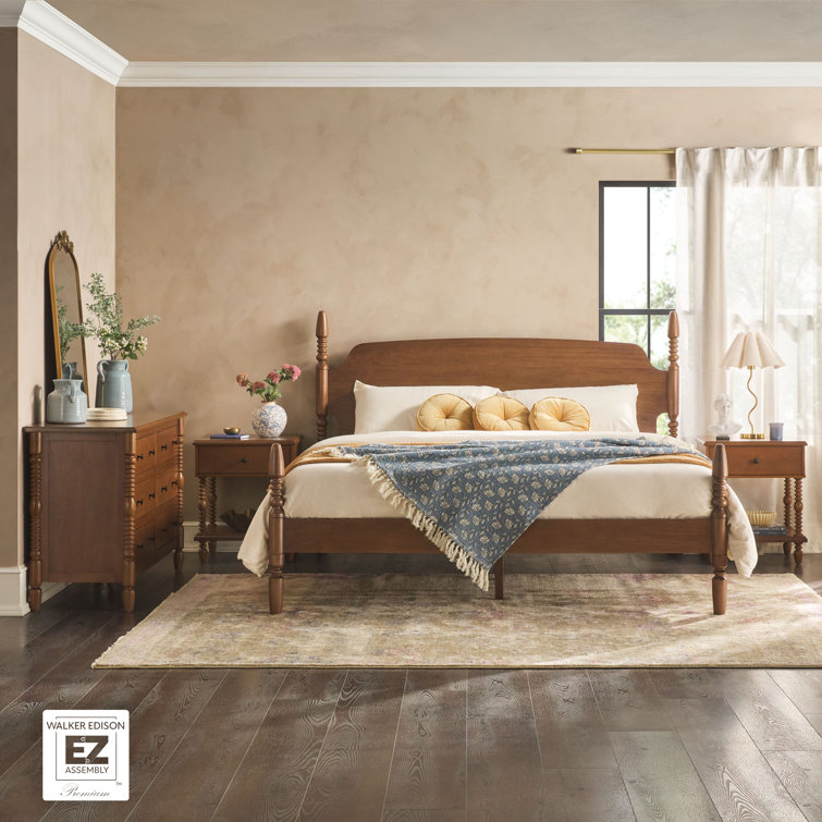 Solid Wood 4-Piece Spindle Vivienne  Bed With Two Walker Edison Easy Assembly 1-Drawer Nightstands And 6-Drawer Dresser
