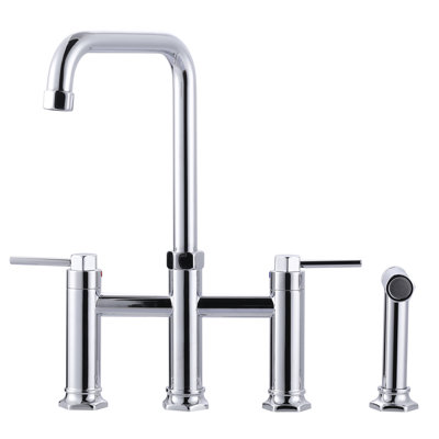 Brass 2-Handle Bridge Kitchen Faucet With Brass Side Sprayer 4-Hole Deck Mount Kitchen Faucet