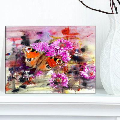 Fleurs roses et papillons mignons - reproduction d'art sur cercle en métal