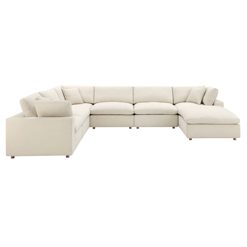 Light Beige Linen 7-Piece Sectional Sofa with Ottoman