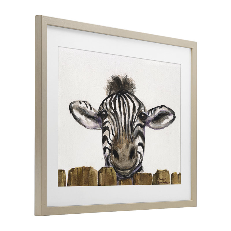 Mignon zèbre au-dessus d'une clôture, reproduction sous verre, conception de George Dyachenko, H 17 po x l 21 po