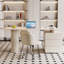 Bureau blanc en demi-cercle blanc + bois manufacturé + fer-108206122