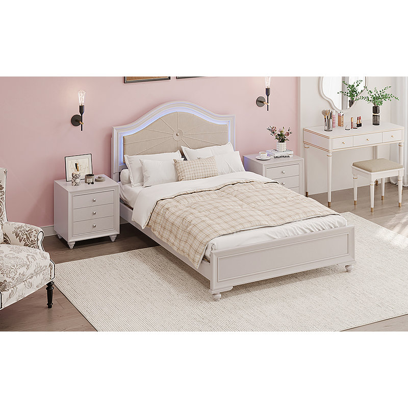 Modern Queen Size Wood Bed with Hidden LED Light Upholstered Curved Headboard