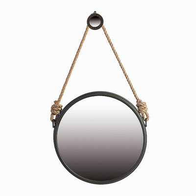 19.5" In Handsome Cleveland Mirror With Rope Strap Contemporary Design Circle Mirror With Grey Round Metal Frame For Wall Decor Bathroom, Entryway