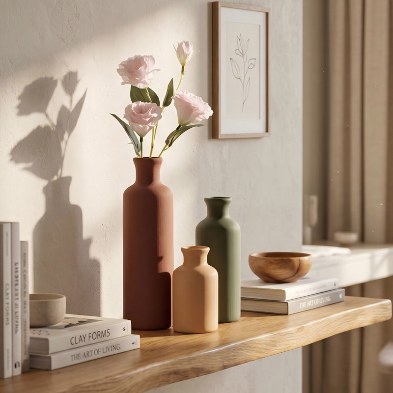 Modern Ceramic Vase Set Of 3, Neutral Mix Decorative Bottle Vases For Home Decor, Farmhouse Rustic Accent Vases