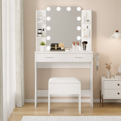 Makeup Vanity Desk with Mirror and 12 LED Lights, White Vanity Table with Power Outlet, 2 Drawers, 6 Shelves, Hair Dryer Holder & Stool