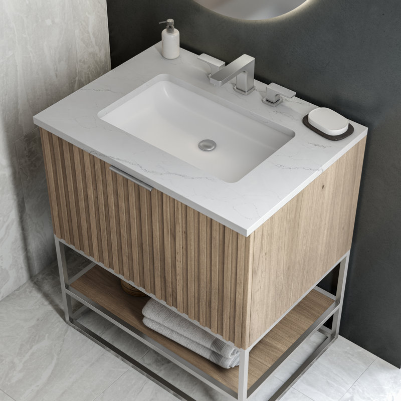 Terra 30'' W Single Vanity, Walnut, Brushed Nickel, Calacatta Quartz/Widespread Faucet Mount