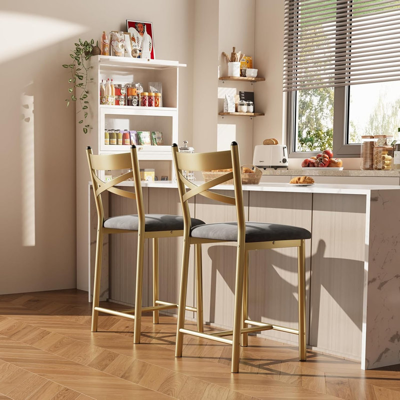 Ensemble de 2 tabourets de bar 26 po à hauteur de comptoir, siège en polyuréthane, structure en métal, dossier en X pour îlot de cuisine, doré