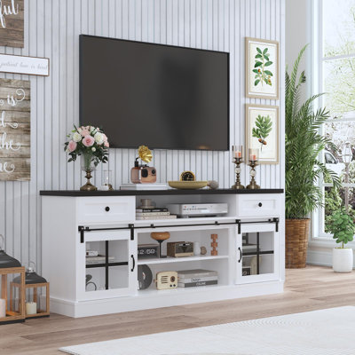 Garvee Farmhouse TV Stand for 75 in TVs, Media Console Table with 2 Drawers, Power Outlets, Barn Doors, Entertainment Center with Adjustable Shelves for Home & Office, 66"w