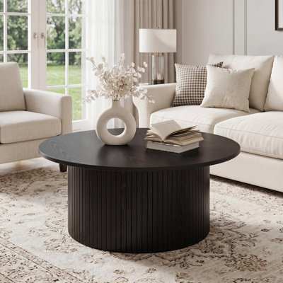 Mid-Century Modern Fluted Drum Coffee Table - 31.5" Round Accent Center Table with Waterproof Top, Sturdy Metal Frame for Living Room