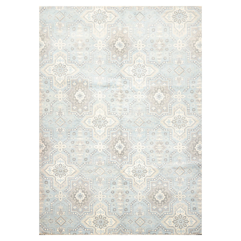 Tapis unique en laine noué à la main de 6 pi x 9 pi bleu / ivoire / gris Juvonte