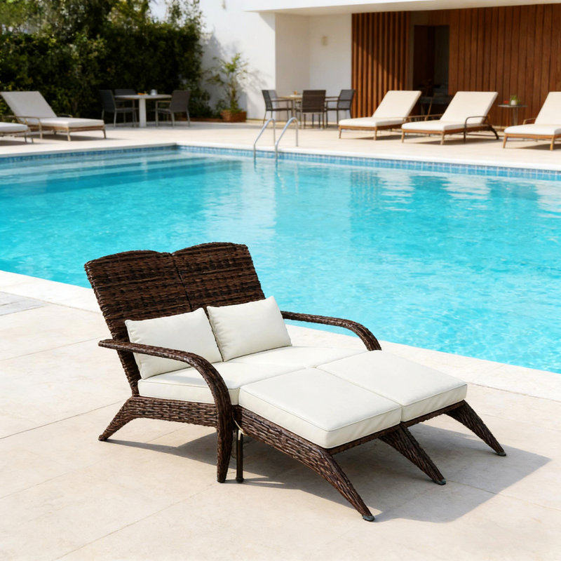 Chaise longue d'extérieur avec dossier haut, Blanc, crème, Mélange de bruns