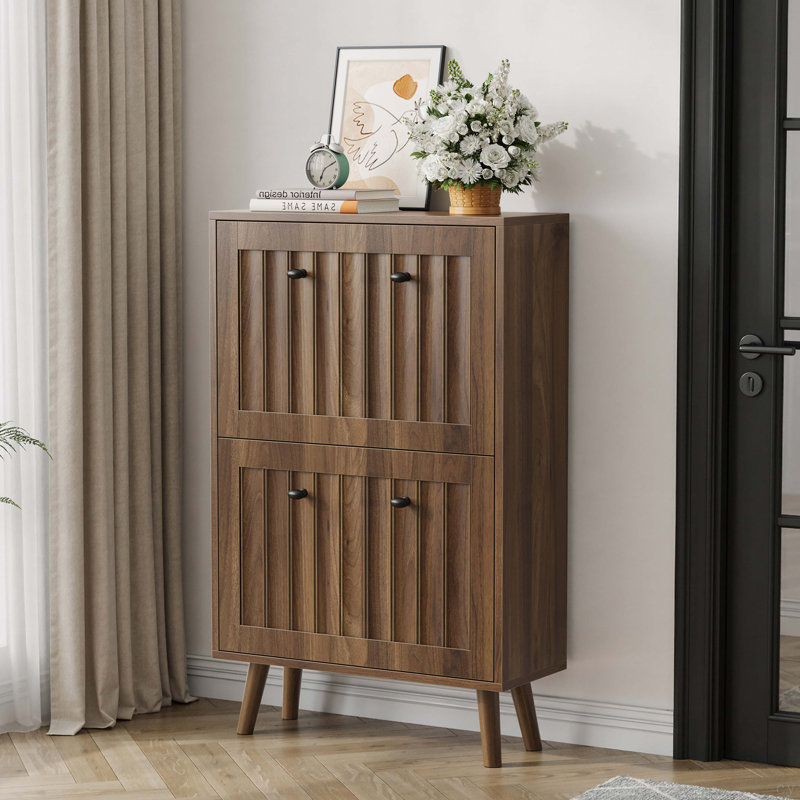 Medieval-Style Modern Shoe Cabinet, Upright Shoe Storage Unit With Vertical Grooved Finish, Walnut-Colored Shoe Cabinet, Suitable For Hallways, Passageways And Entrances